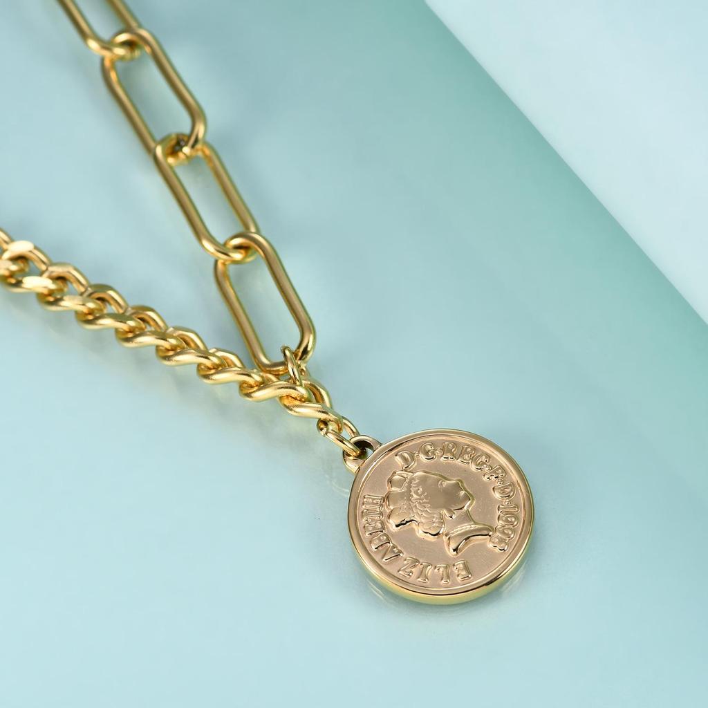 Elegant 7MM Round English Queen Coin Pendant Necklace with OT Buckle in Stainless Steel.
