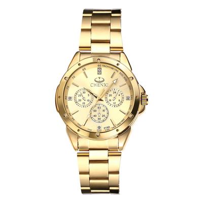 Women's Watch with Round Dial, Rainproof, Large Dial, Triple Lens, Stainless Steel, Bar Index, Quartz Movement, Adjustable, Gold Dial, Perfect Gift