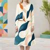 Women Plus Size Two Piece Dress Set Round Neck Long Sleeve Abstract Printed Cardigan Sleeveless Midi Dress