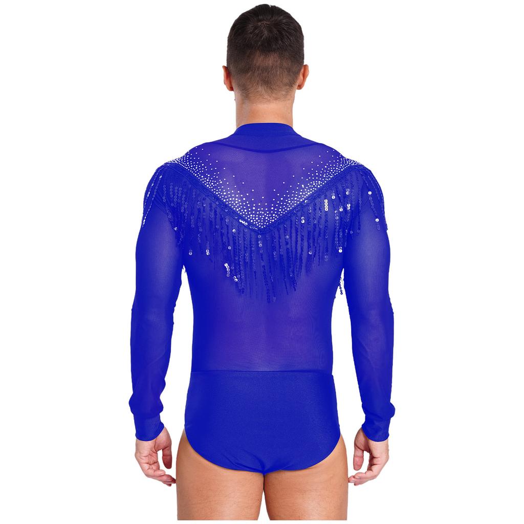 Mens Salsa Dance Leotard Deep V Neckline Sheer Mesh Inserts Sequined Tassel Details Rhinestone Bodysuit