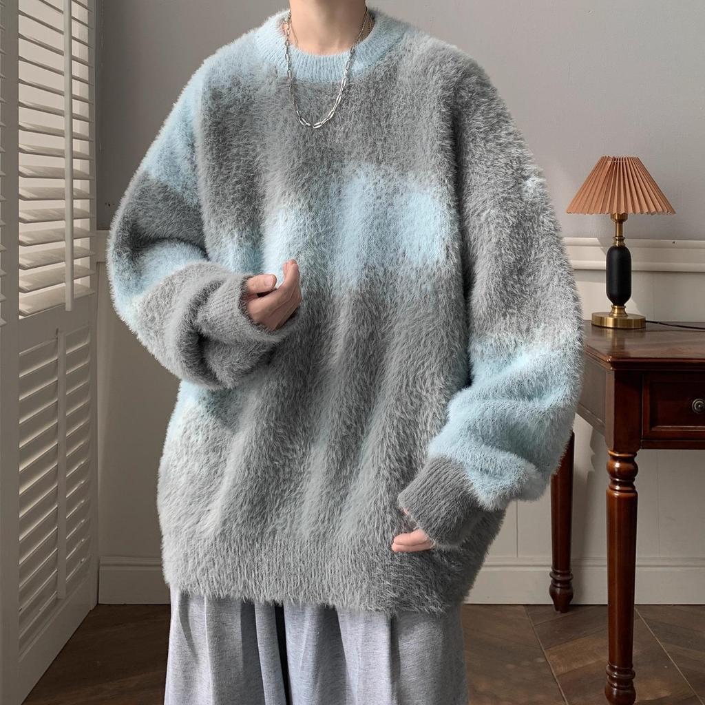 Sweat à capuche pelucheux pour homme - Blocs de couleurs rétro, chaud pour l'hiver, pull en maille ample