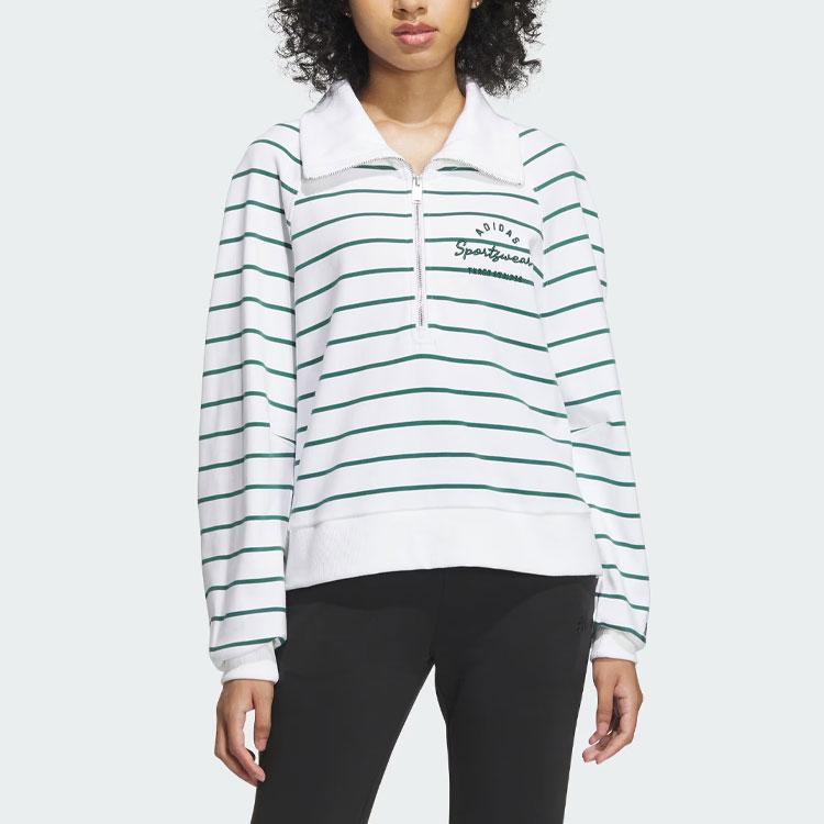 Adidas Verbiage Half-Zip Striped Casual Long Sleeve T-Shirt Women Tops White IZ4571