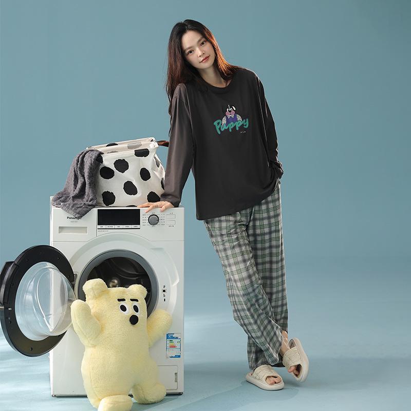 

Антибактериальная пижама из синьцзянского хлопка с мультяшным псом в клетку для пар - Осенний комплект с длинным рукавом (топ и брюки) XXL