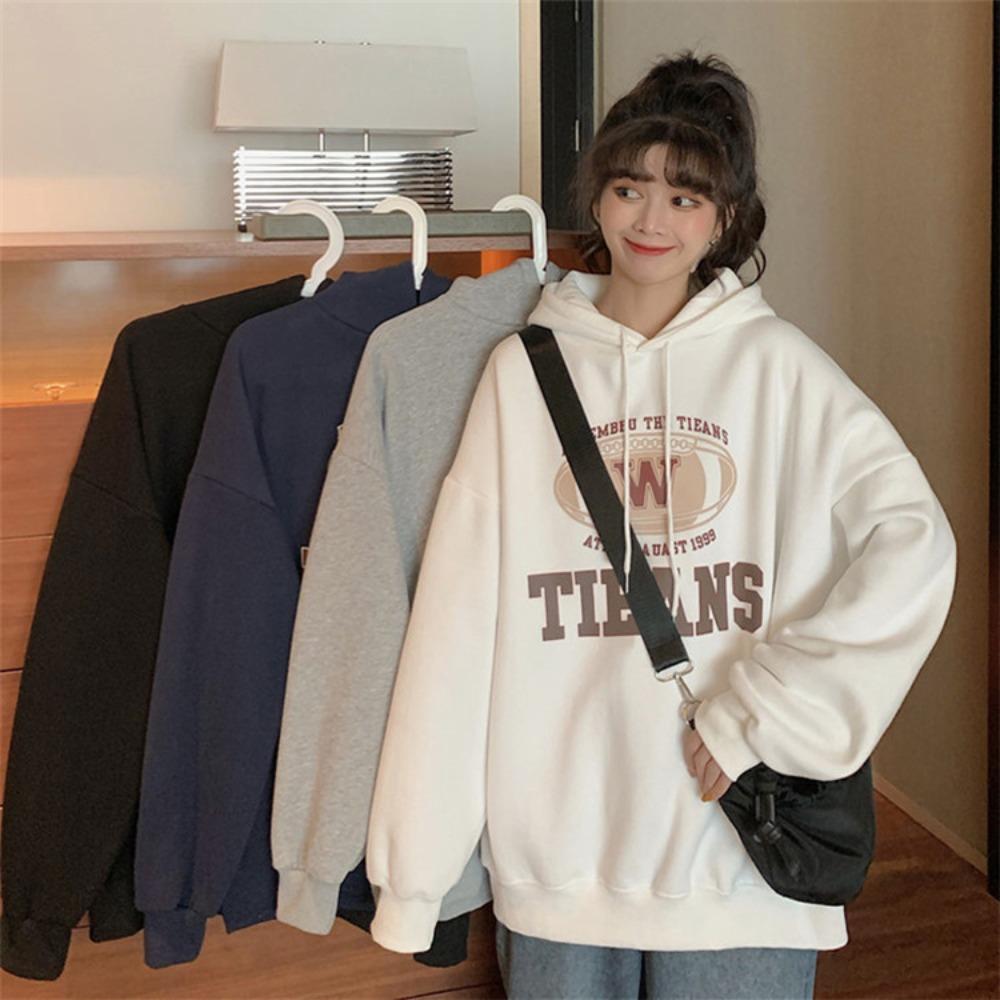 New sweater women's autumn and winter Korean version loose lazy style letter printing versatile hooded top velvet student sweater