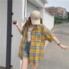 Turn Down Collar Short Sleeve Plaid Shirt Loose Fit Casual Button Down Shirt Mid Length Yellow Checkered Blouse Summer Daily Streetwear Outerwear