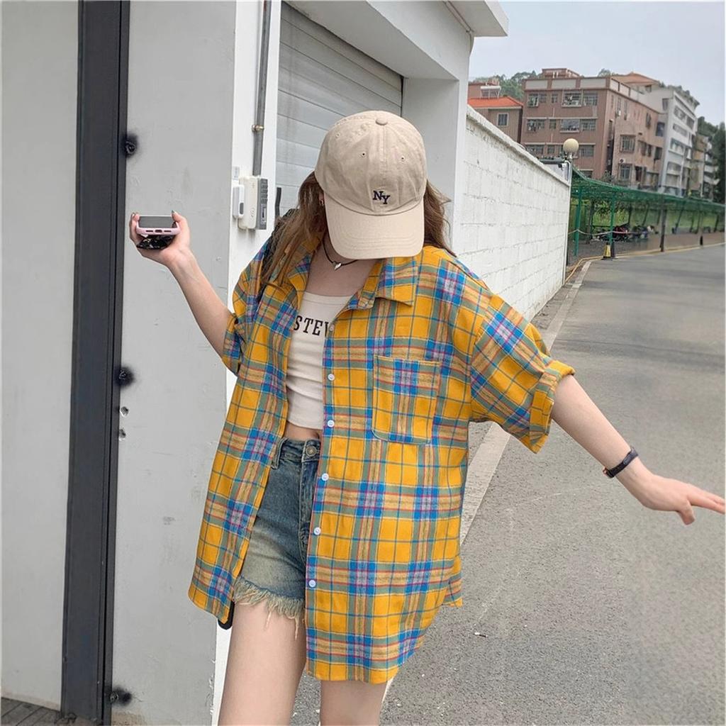 Turn Down Collar Short Sleeve Plaid Shirt Loose Fit Casual Button Down Shirt Mid Length Yellow Checkered Blouse Summer Daily Streetwear Outerwear