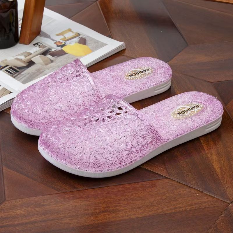 Women's Summer New Baotou Hollow Out Crystal Slippers Soft Sole Non Slip Breathable Home Slippers Outdoor Beach Jelly Slippers