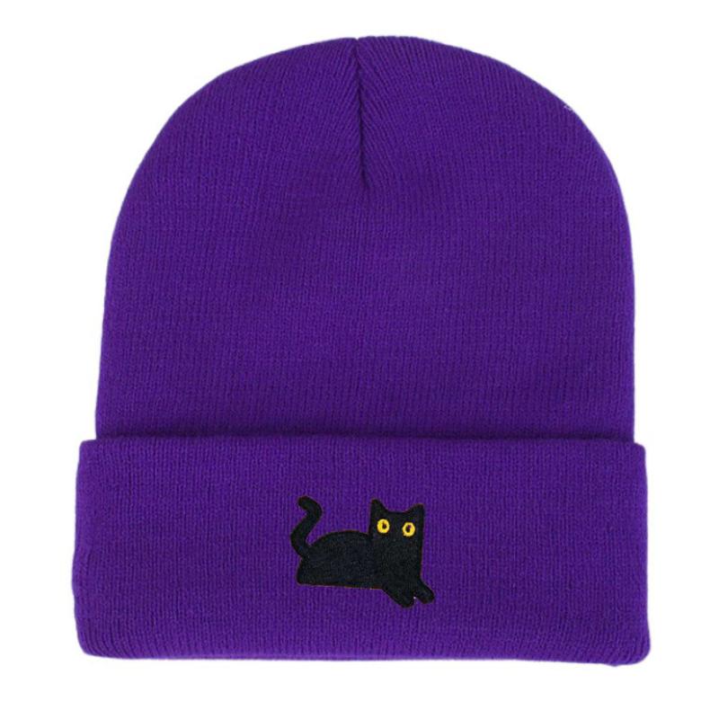 Stretchy And Lightweight Knit Beanies Embroidered Black Cat Knit Hat For Women Men Winter Warm