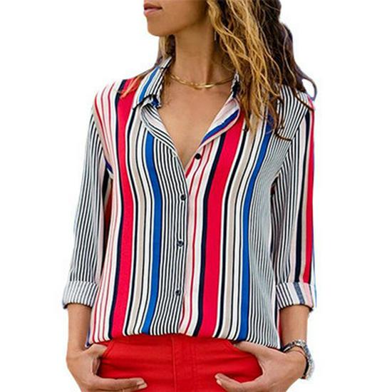 

European and American Striped V-Neck Long-Sleeve Chiffon Shirt for Women XL красный