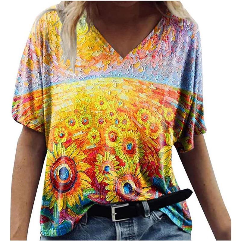 Summer Scenery Flowers Plants 3D Printed Short Sleeved T-shirt Women's Loose Short Sleeved Top V-neck T-shirt