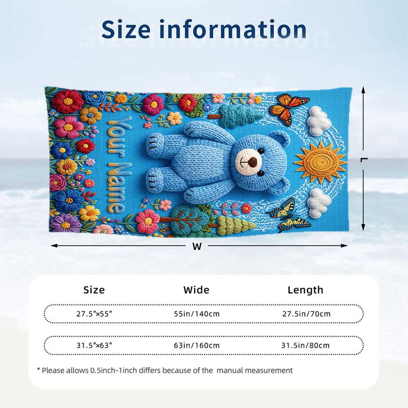 Teddy Bear Theme Beach Towel Personalized Custom Name & Text Soft Quick Dry Beach Towel for Swimming Travel