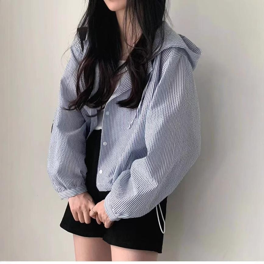 Koreanische Chic Nadelstreifen Colorblock Kapuzenjacke mit Knopfleiste für Damen