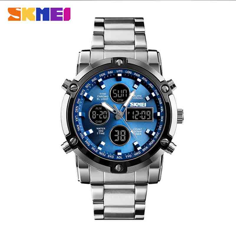 

SKMEI спортивные часы с несколькими часовыми поясами, мужские цифровые кварцевые наручные часы из нержавеющей стали 1389 серебряный/синий