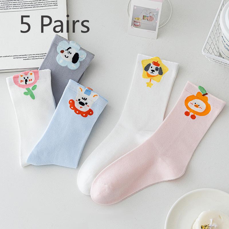 5 Pairs of Female Spring and Summer Cute All Match Cartoon Animal Tube Socks