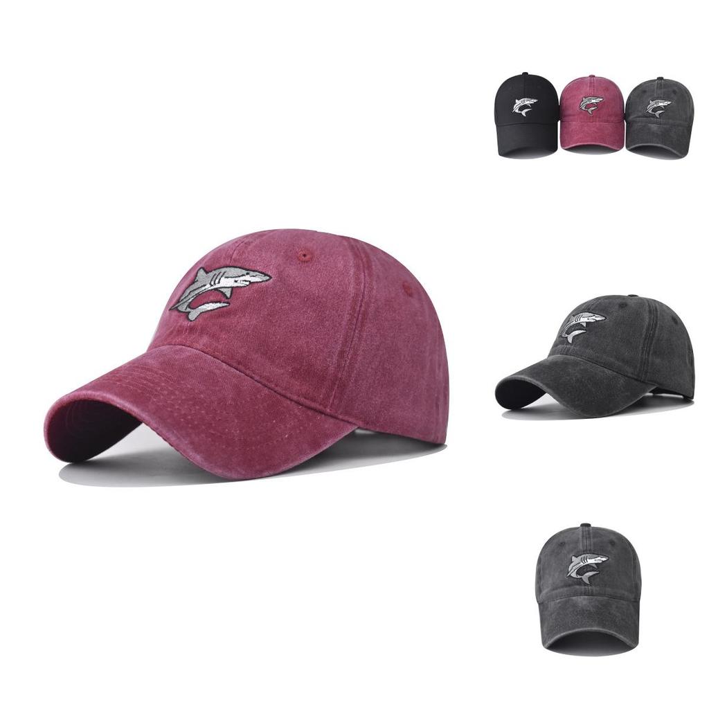 Cotton Wash Distressed Shark Embroidered Baseball Hat With Curved Brim For Outdoor Wear