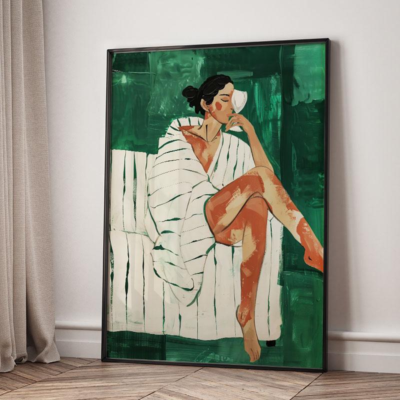 Green Striped Girl Lemon Leaf Wall Art Canvas Painting Abstract Posters And Prints Hotel Bar Wall Pictures For Living Room Decor