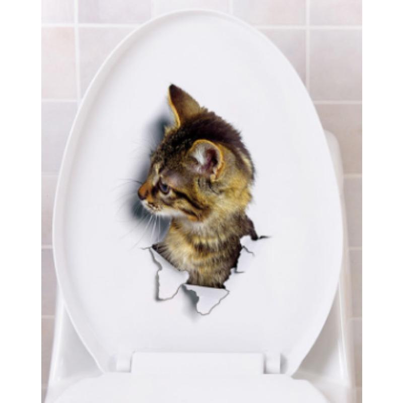 Autocollant de toilette 3D créatif et réaliste avec vision de chat mignon, décoration de couvercle de toilette en PVC auto-adhésif et imperméable