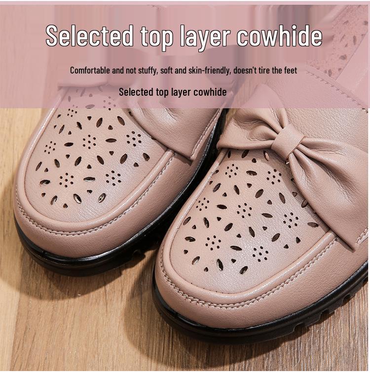 Genuine Leather Breathable Sandals for Moms - Comfortable Flat Heel with Soft Sole and Hollow Design for Middle-Aged & Elderly Women.