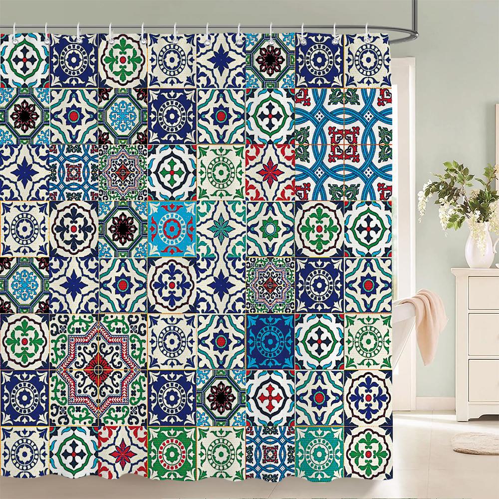 Duschvorhänge im Bohème-Stil Mandala Boho Blumen- und Pflanzendruck Badezimmervorhänge Wasserdichter Polyester Duschvorhang