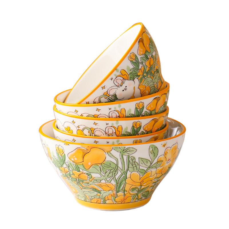 Creative Cartoon Flower Rabbit Ceramic Dishes Tableware Set Housewarming Household Salad Binaural Dishes Dish Combination