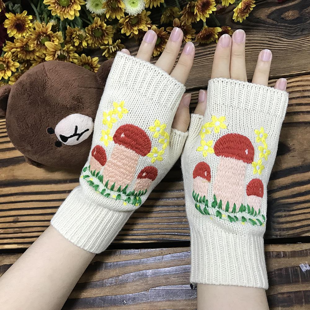 Mushroom Gloves, Winter Warm Half-Finger Fingerless Women's Cold-Proof Mittens Long Warm Women's Knitted Mushroom Gloves