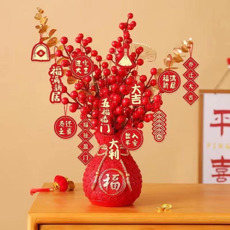 

New Year Decoration Metal Vase Lucky Bucket Red Berry Wealth Fruit Flower Accessories Home Livingroom Cabinet Ornaments Crafts