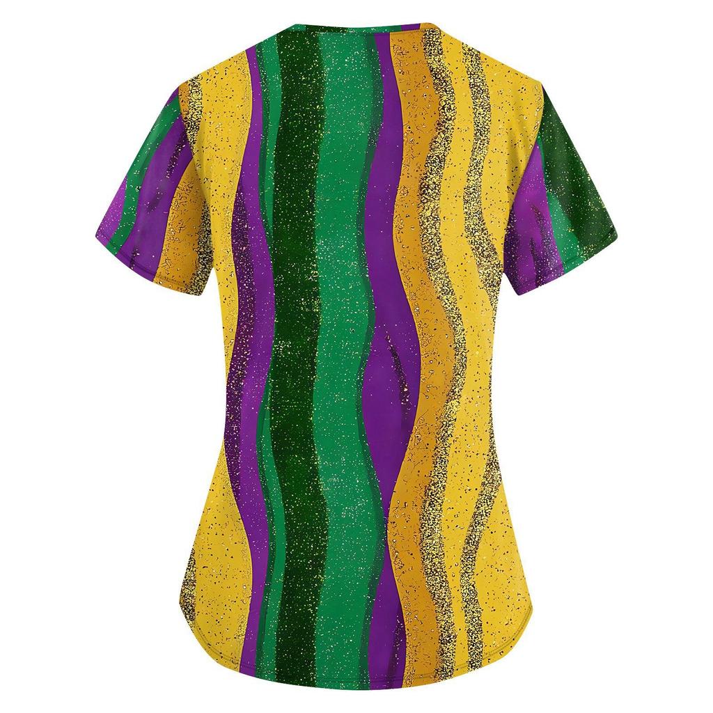 Women's Fashion V-neck Short Sleeve Workwear With Pockets Printed Tops
