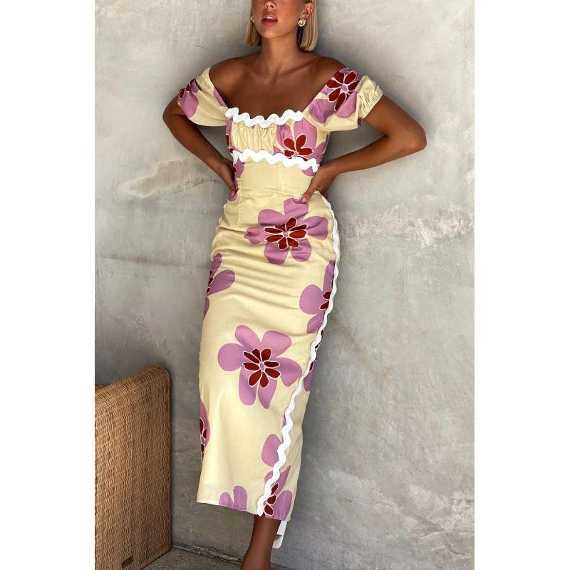 

One Shoulder Printed Dress European and American Spring off-Shoulder Print Split Vacation Dress Women Printed XL