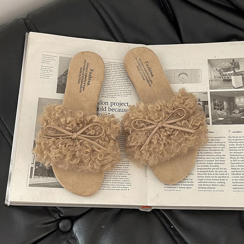 Retro Schleife Mädchen lässige flauschige Schuhe Herbst und Winter Mode vielseitige Hausschuhe einfach zu tragen bequem vielseitig Ein-Wort-Schlappen