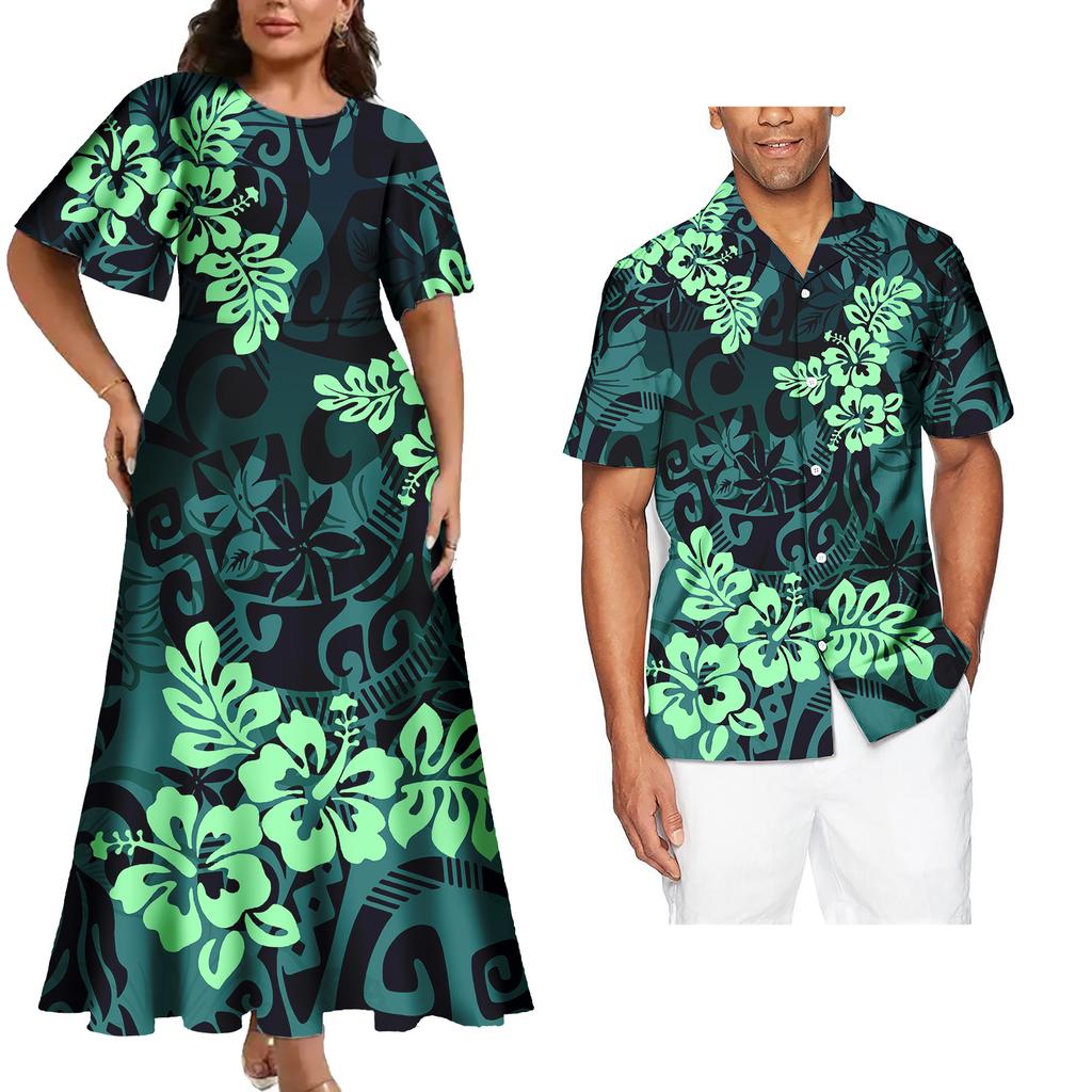 Tenues Assorties pour Couple Ensemble Deux Pièces Femme Robes de Soirée Assorties Chemises Homme Tenues de Couple Tribales Polynésiennes Samoa Personnalisées
