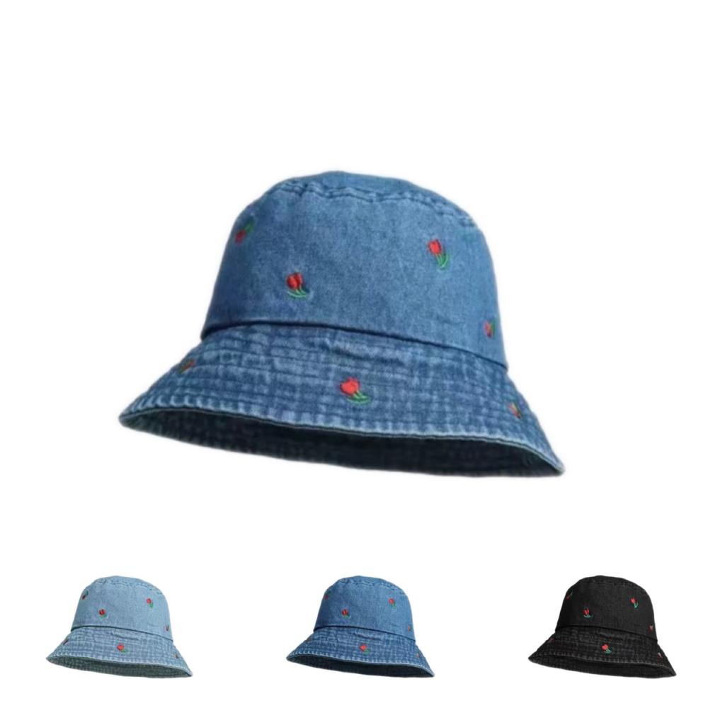 Spring and Autumn Internet Celebrity Cherry Embroidery Washed Denim Bucket Hat Women's Retro Versatile Sunshade Sunscreen Basin Hat