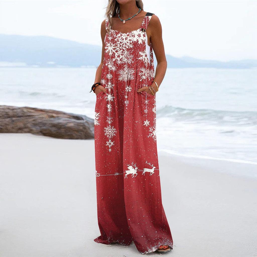 Women's Christmas Print Solid Wide Leg Strapless Tank Pocket Casual Onesie