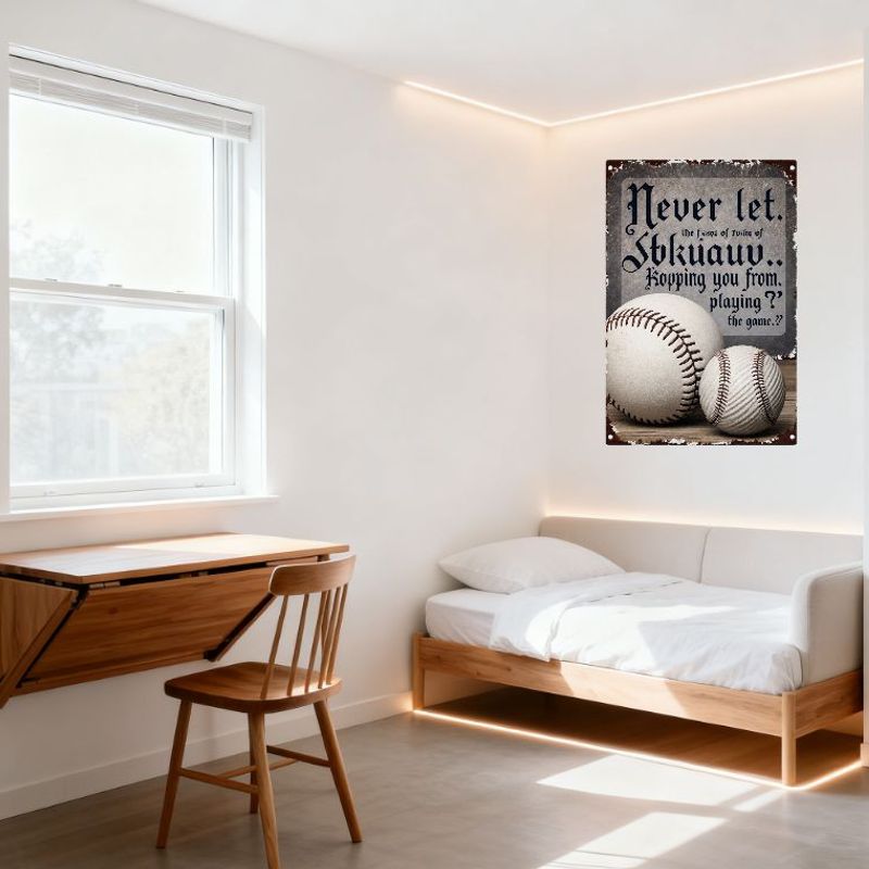 Rustic Vintage Metal Sign with Baseballs - 'Never Let Fears Keep You From Playing' Inspirational Plaque for Man Cave Home Decor,