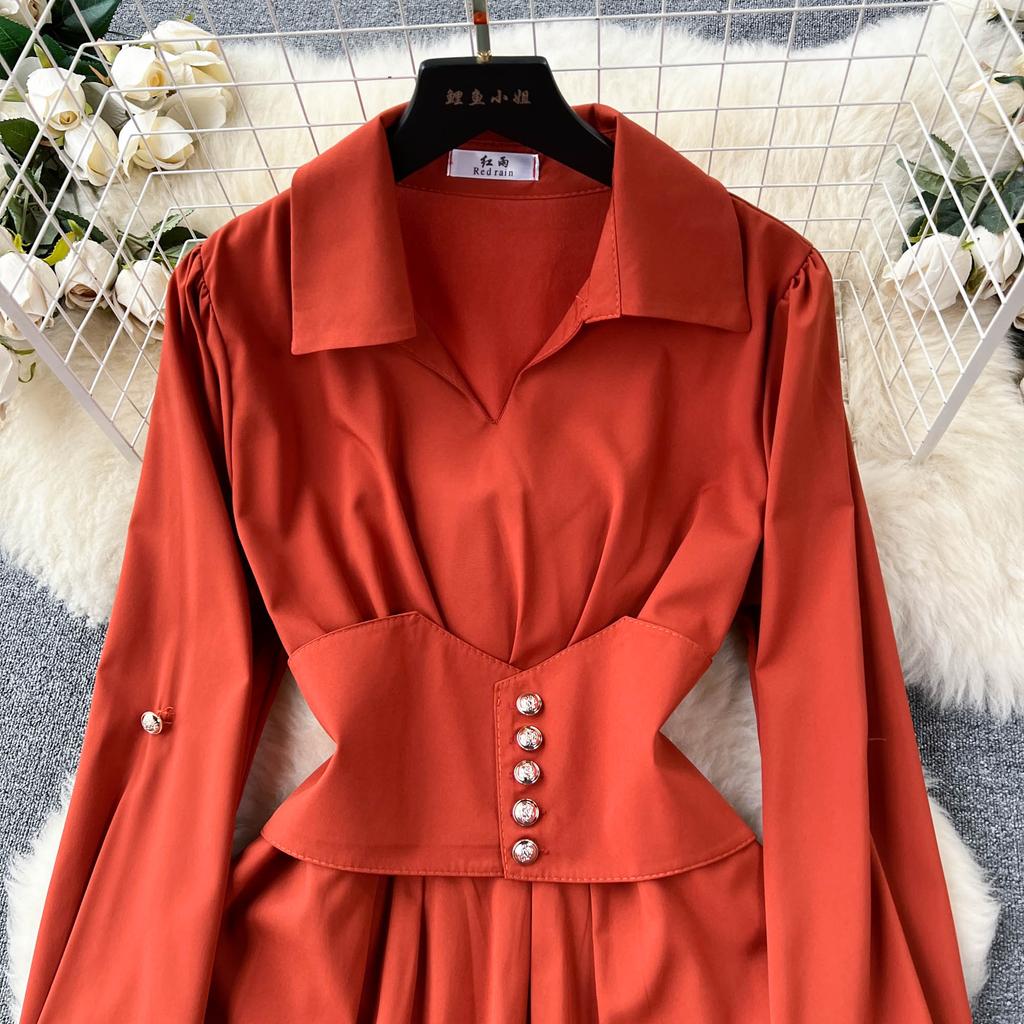 Vintage Spring Autumn Women Dress French Turn-down Collar Full Sleeve Solid Color A-line Female Long Shirt Dresses