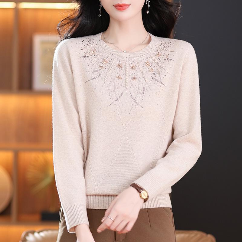 

Premium Plus-Size Women s Pure Wool Sweater: Autumn/Winter Low Round Neck for Middle-Aged & Elderly 2XL (suggested 125-135 jin) бежевий