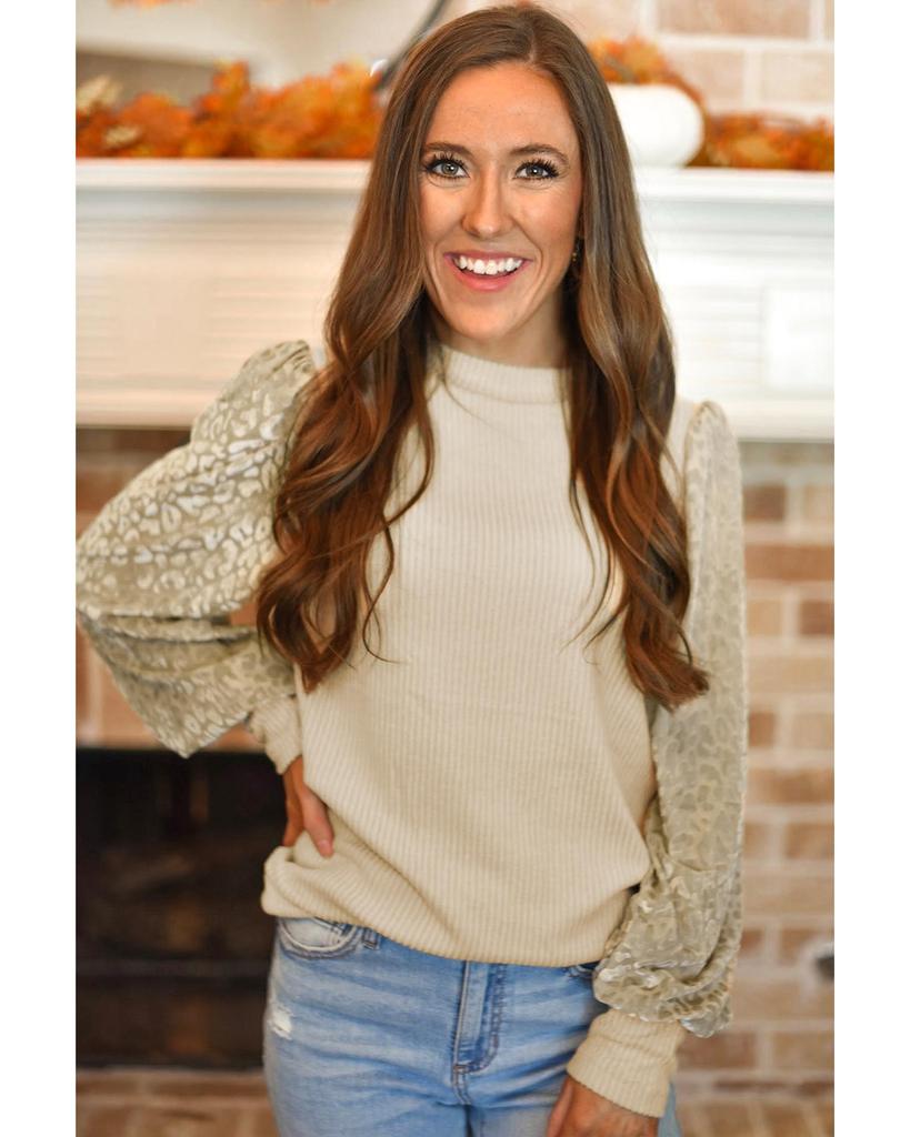 Azura Exchange Leopard Print Long Sleeve Ribbed Knit Blouse