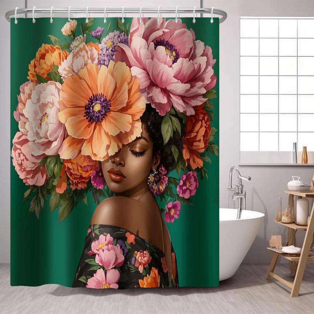 African American Woman Shower Curtain Black Woman Colorful Flower on Green Backdrop,Morden Fashion Gril Fabric Shower Curtains