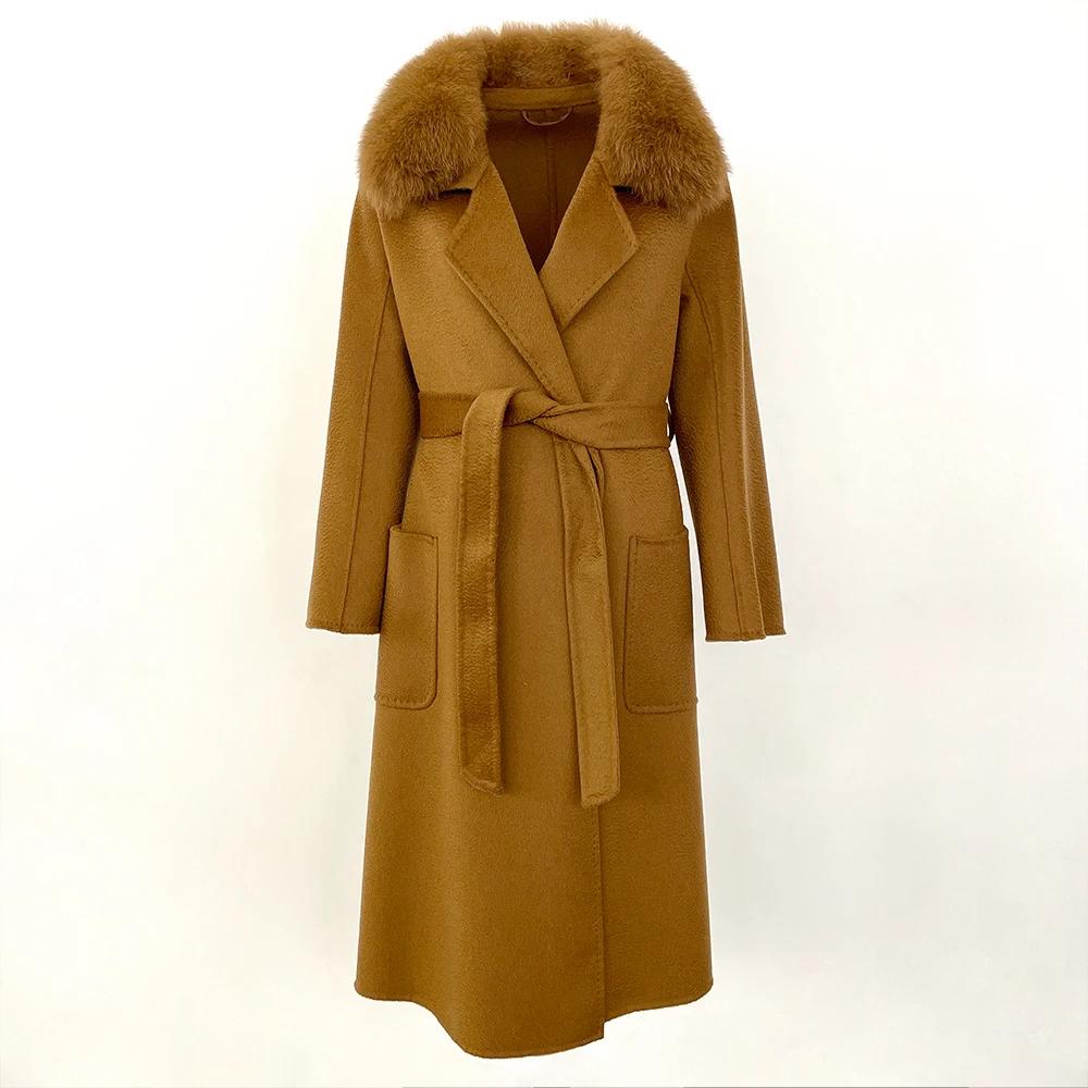 OFTBUY 2024 Autumn Winter Real Fox Fur Collar Water Ripple Double-Sided Woolen Coat Women Long Coat 100% Wool Removable Fur Collar