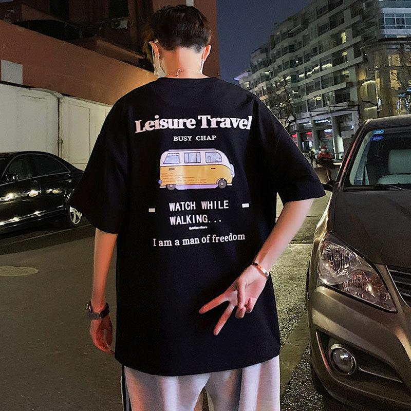 

Трендовая летняя футболка с короткими рукавами 2021 года для мальчиков средней школы — свободный крой, большой размер, студенческий стиль M чёрный