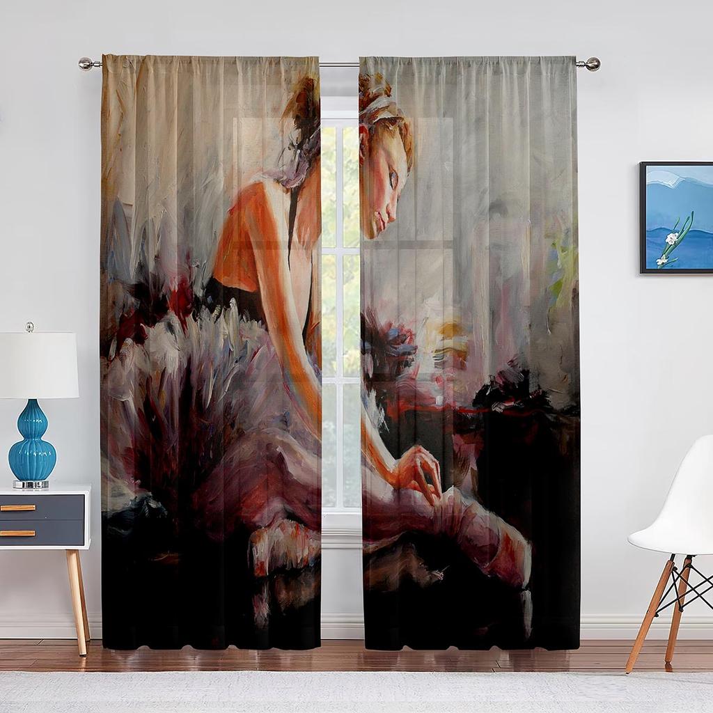 Retro Ballerina Dancing Classic Performance Tulle Curtain for Living Room Decoration Chiffon Sheer Voile Kitchen Bedroom Curtain