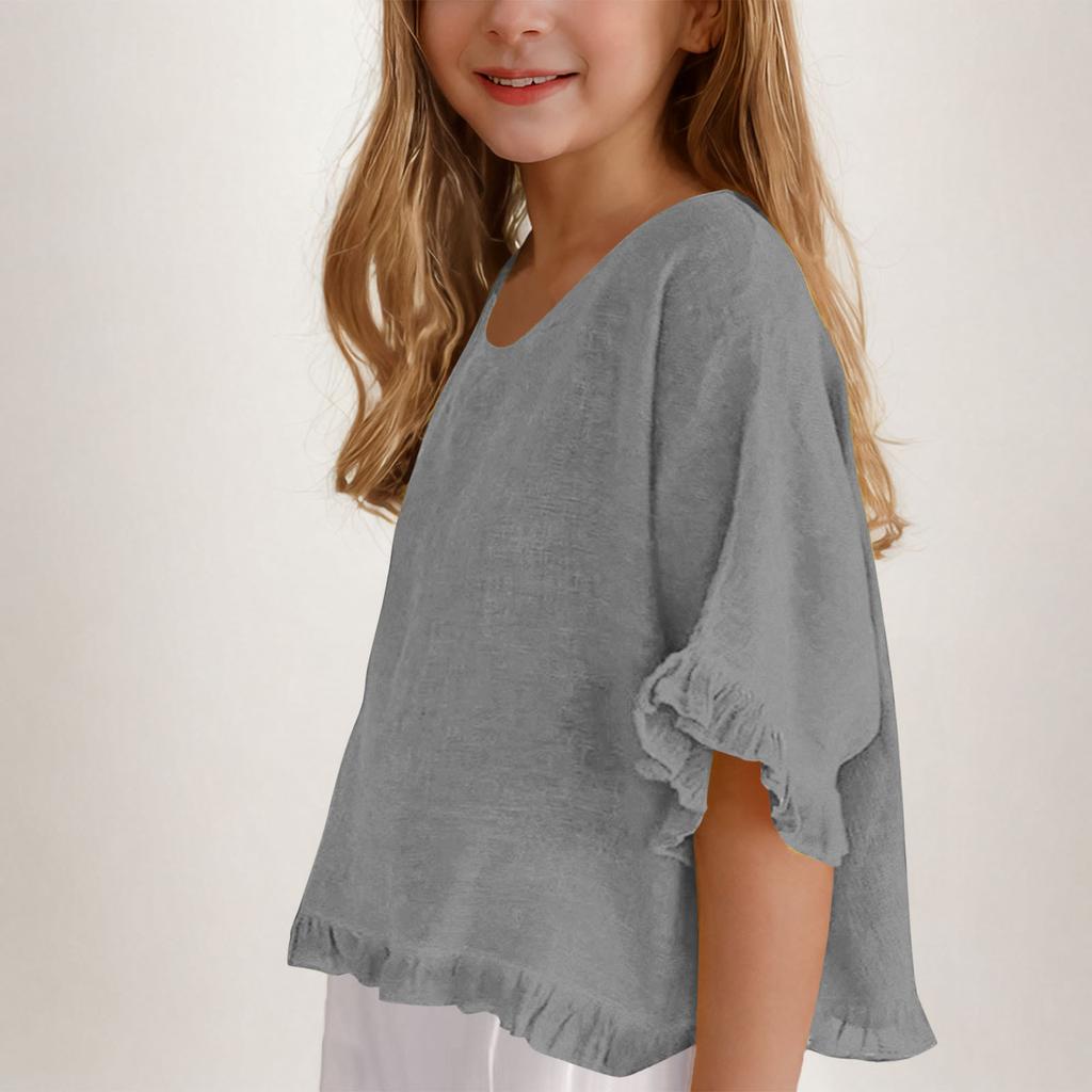 Girls' Linen Ruffle Top - Short Sleeve Round Neck Blouse