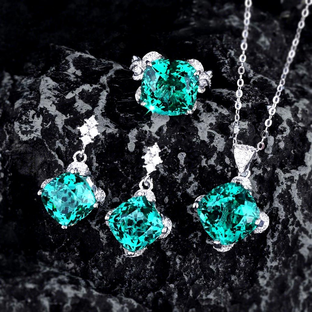 Factory Bestseller Retro Aquamarine Topaz Pendant Set Eco-Friendly Copper Color-Enhanced Zirconia Ring EarringsStylishJewelrySet