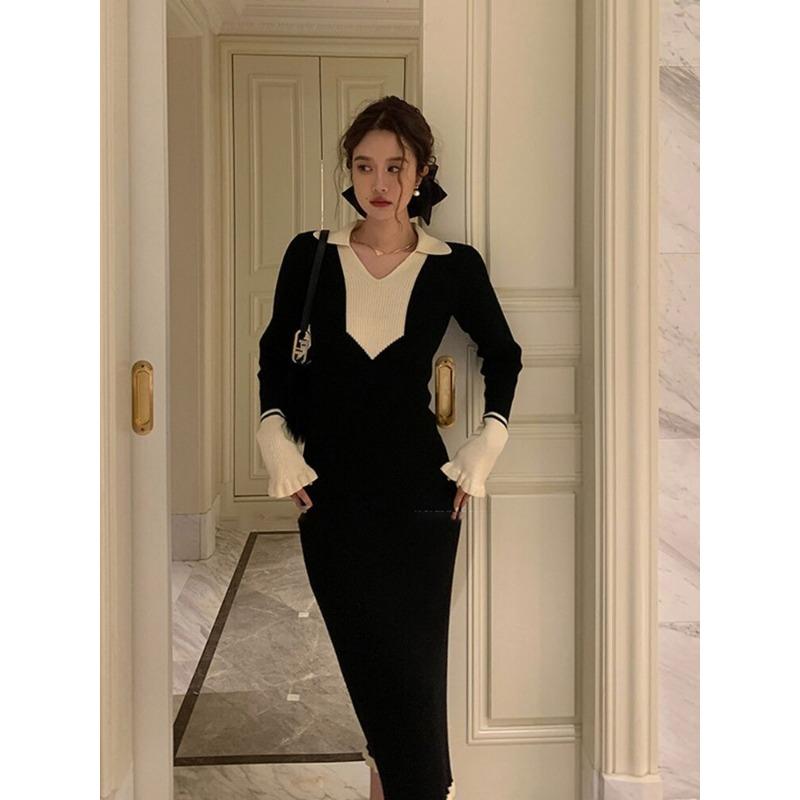 Beautiful rich family daughter feeling long black sweater with knitted backing dress women's autumn and winter