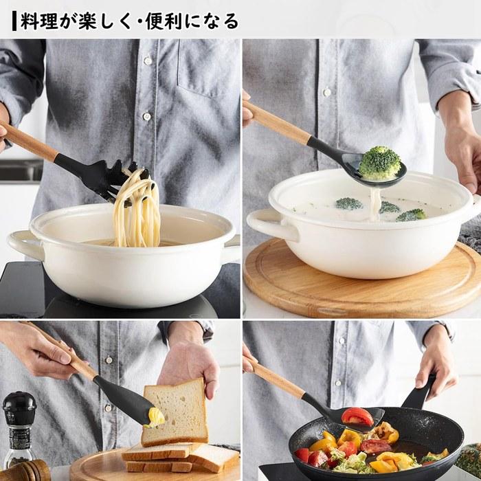 [Hiino] Kitchen Tool Set 12-Piece, Heat-Resistant Silicone, Wooden Handles, Non-Scratch, Spatula, Ladle, Tongs, Whisk, Turner, Brush, Gray