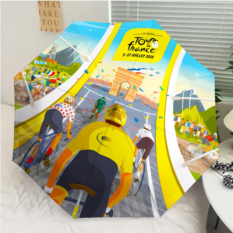 Tour de France Print Automatic Umbrella, 8 Rib Iron Frame, Plastic Handle, Suitable for Outdoor Travel &Daily , Ideal Gift