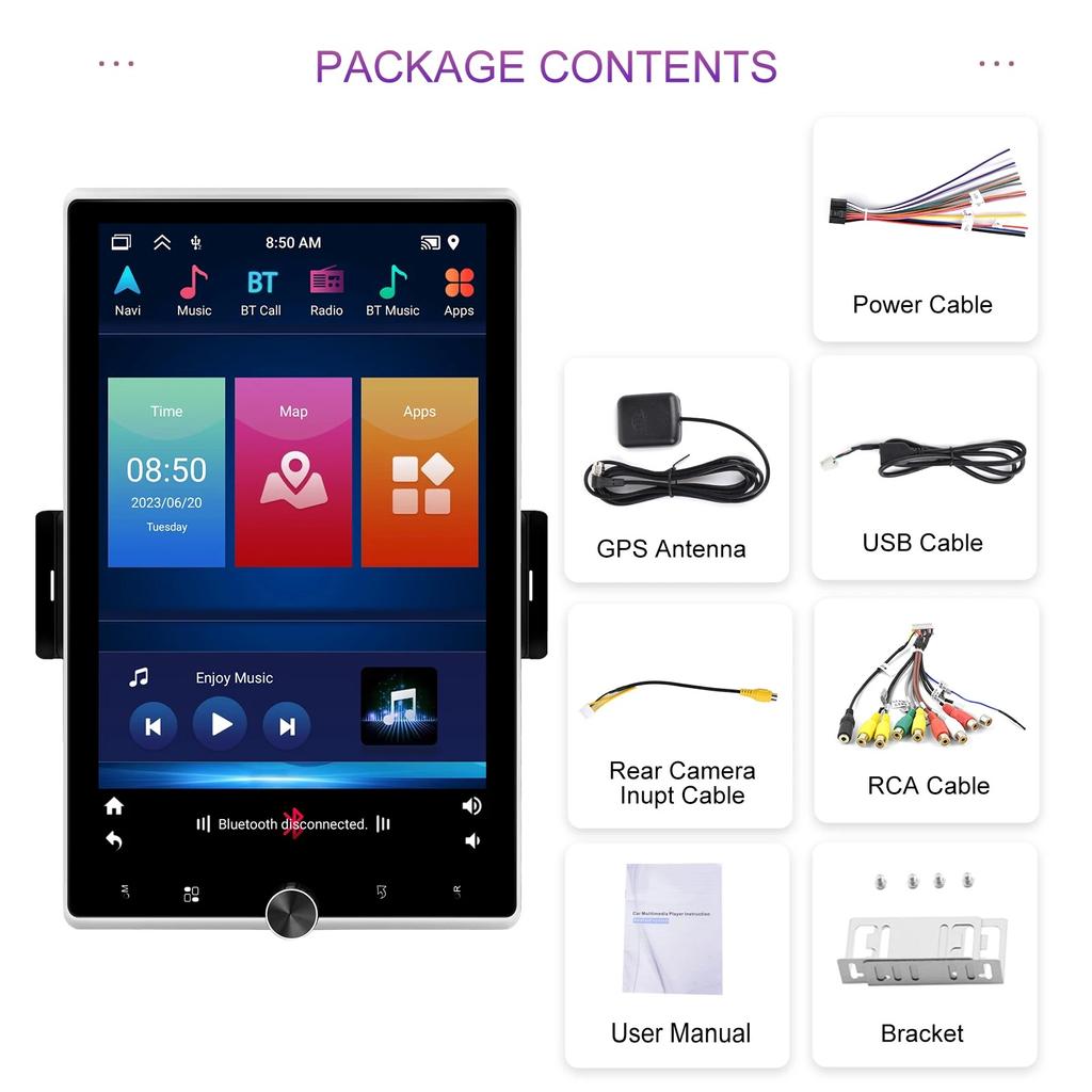 REAKOSOUND Universal 1 Din GPS Car Stereo Radio 10.4'' Android Vertical Screen Multimedia Player Carplay Android-auto WIFI RDS