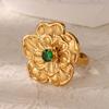 Stainless Steel Flower Green Zircon Open Rings For Women Gold Color Flower Ring Female Fashion Party Wedding Jewelry Gift Bff