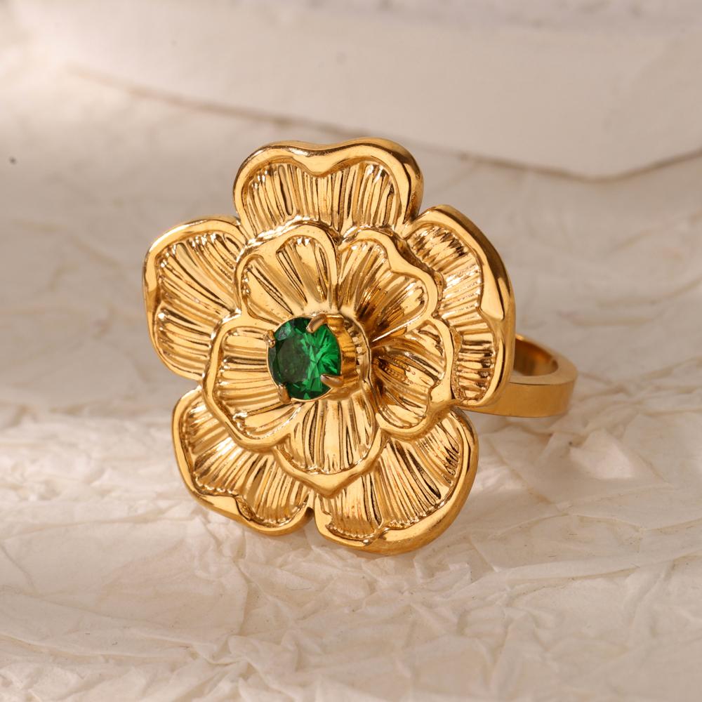 Stainless Steel Flower Green Zircon Open Rings For Women Gold Color Flower Ring Female Fashion Party Wedding Jewelry Gift Bff