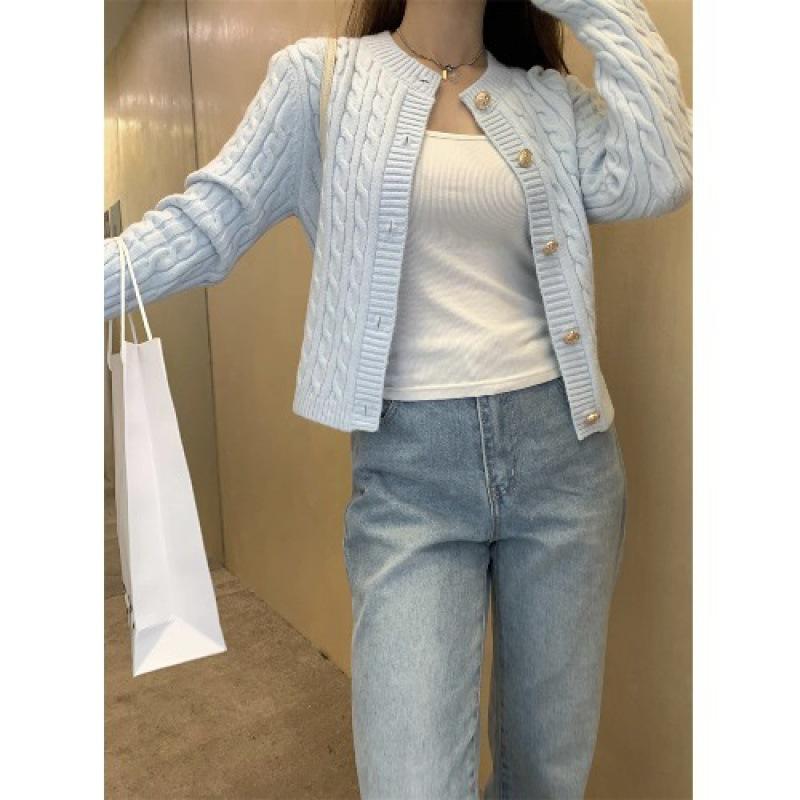 Gentle Soft Waxy Twist Short Sweater Women's Autumn New Candy Color Crew Neck Knitted Cardigan Jacket