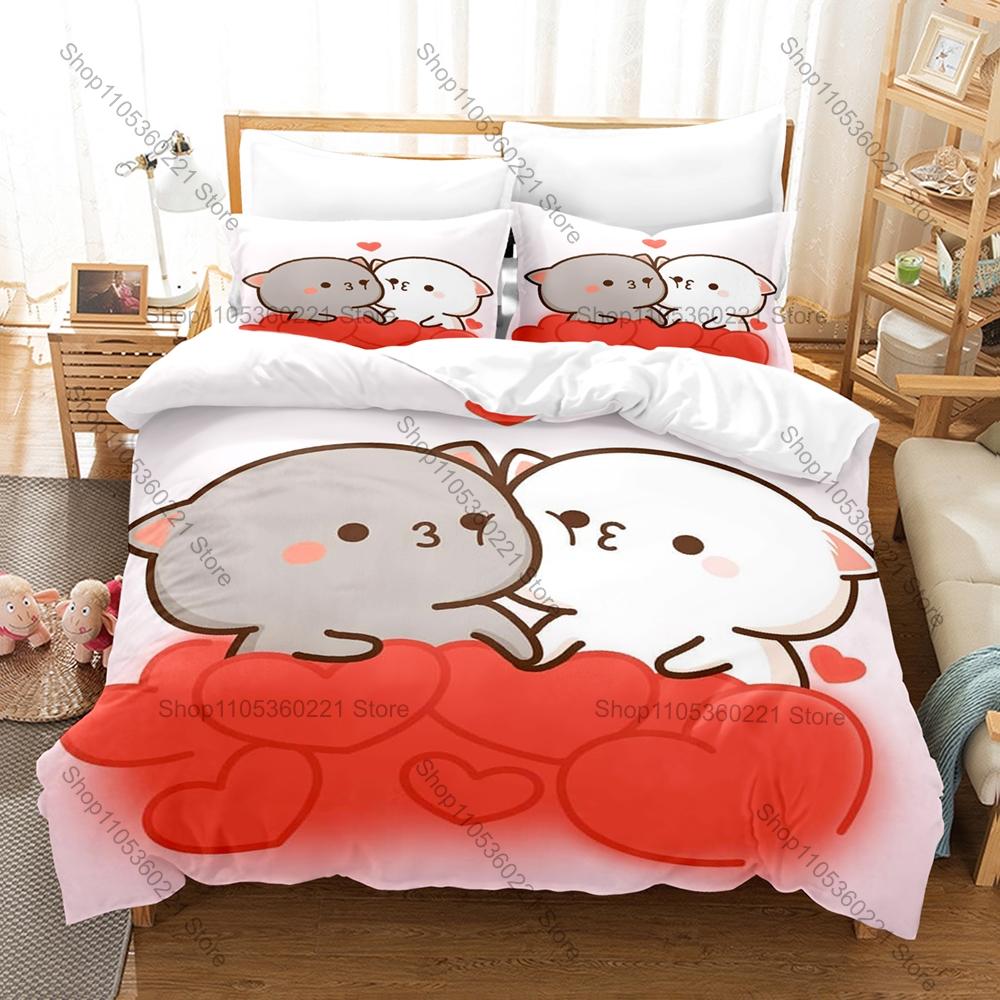 Popular Peach Cat IP Duvet Cover + 2 Pillowcases, Lovely Pink Cat Pattern Bedding Set for Fan Collection